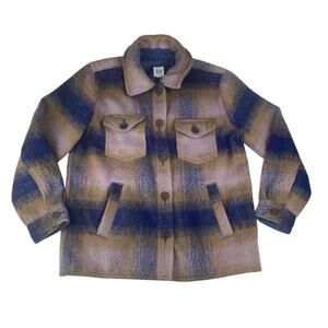 GAP women's medium lofty shirt jacket shacket blue multi purple tan plaid teddy